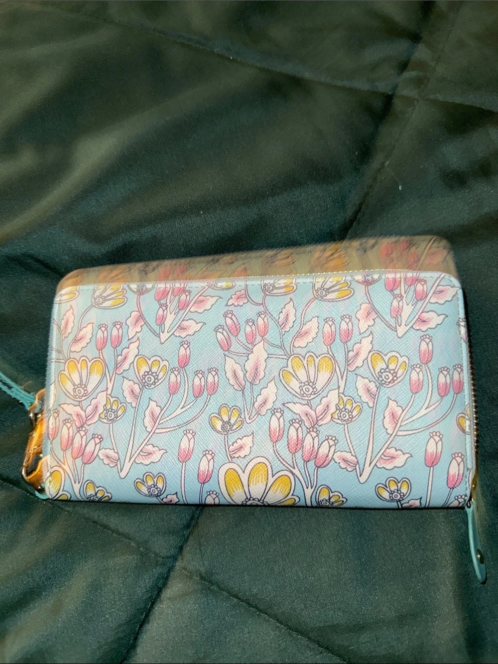 Floral Zip Wallet Wristlet in Light Blue with Pink & Yellow Accents